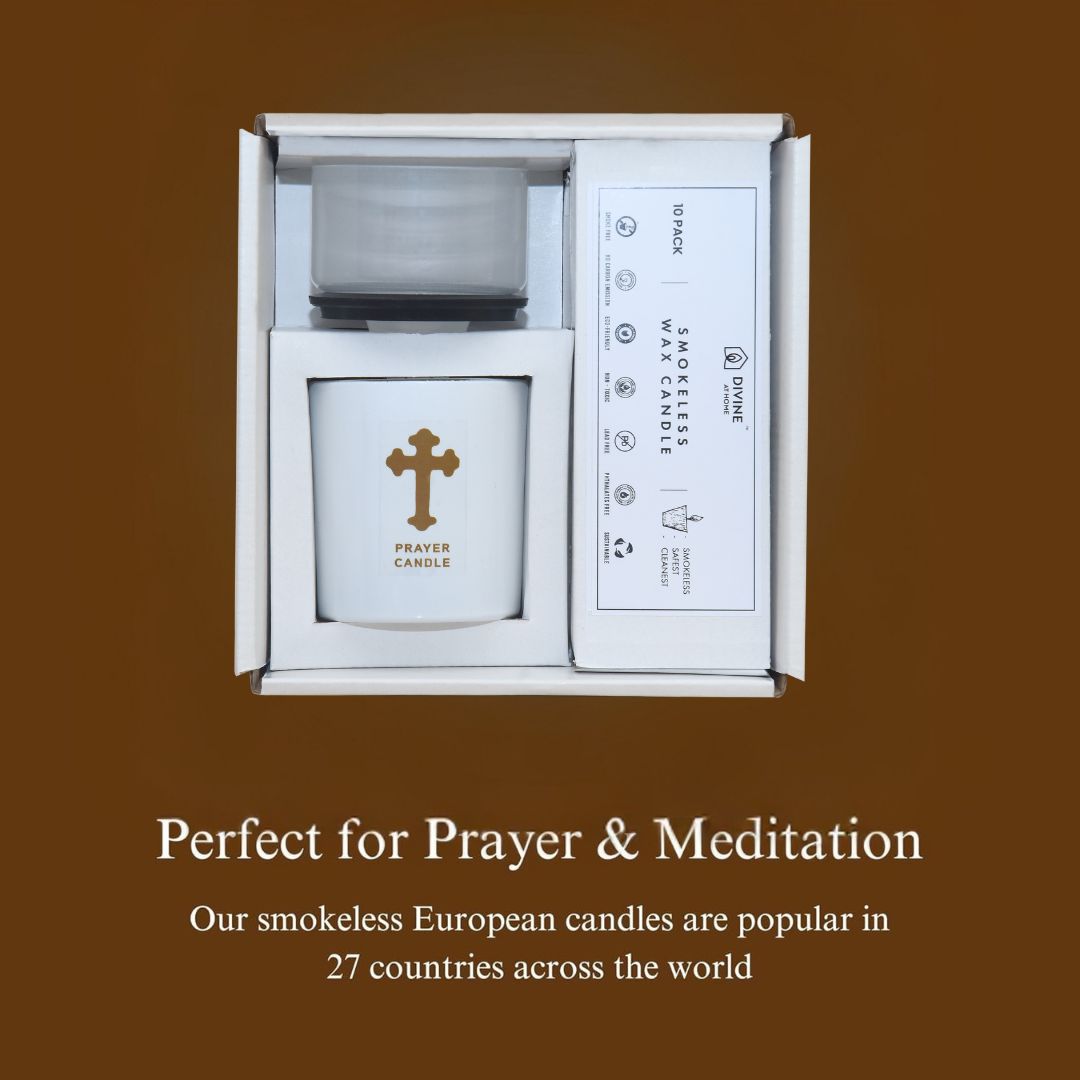 St. Michael’s Smokeless Elegant Prayer Candle System with Wind Protector (10 Candles & 1 Luxurious Holder)