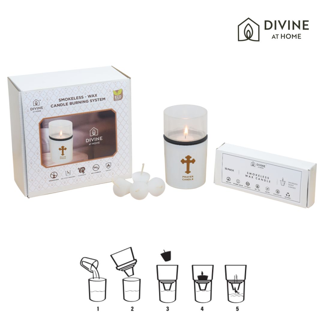 St. Michael’s Smokeless Elegant Prayer Candle System with Wind Protector (10 Candles & 1 Luxurious Holder)