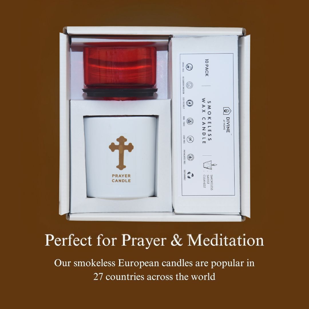 St. Michael’s Smokeless Elegant Prayer Candle System with Wind Protector (10 Candles & 1 Luxurious Holder)