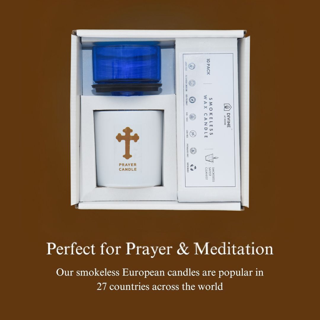 St. Michael’s Smokeless Elegant Prayer Candle System with Wind Protector (10 Candles & 1 Luxurious Holder)