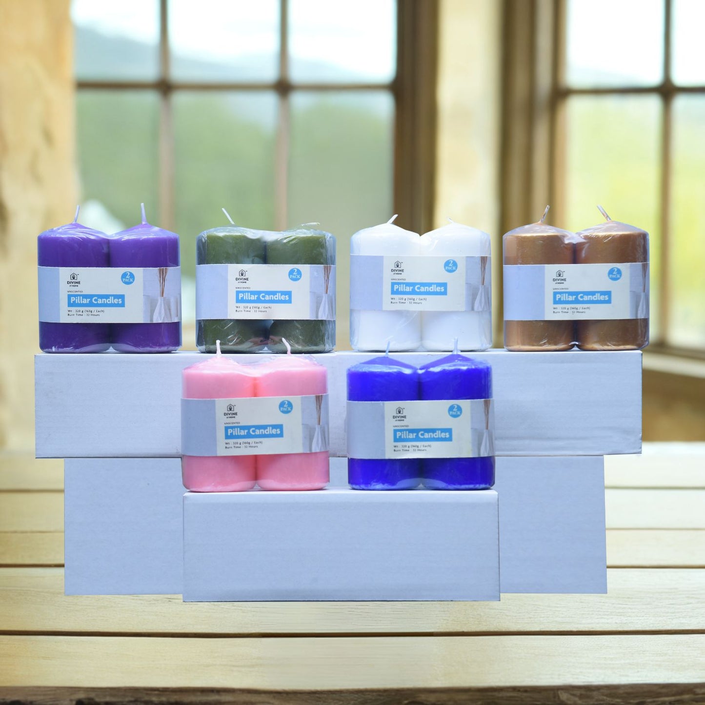 Unscented Pillar Candles – Pack of 2 (Set of 8) | White, Red, Green, Blue, Purple, Pink, Gold, Silver