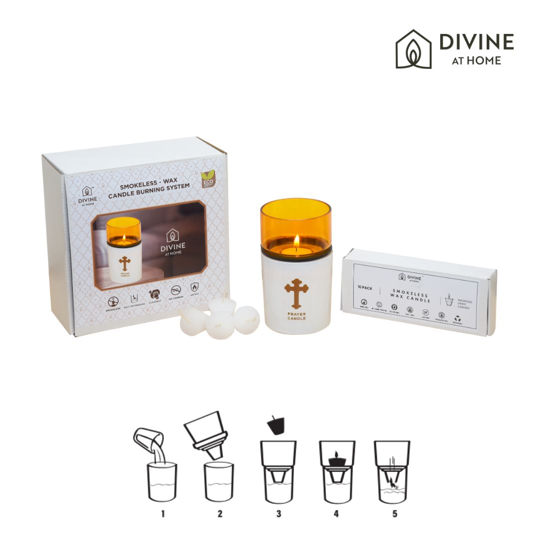 St. Michael’s Smokeless Elegant Prayer Candle System with Wind Protector (10 Candles & 1 Luxurious Holder)