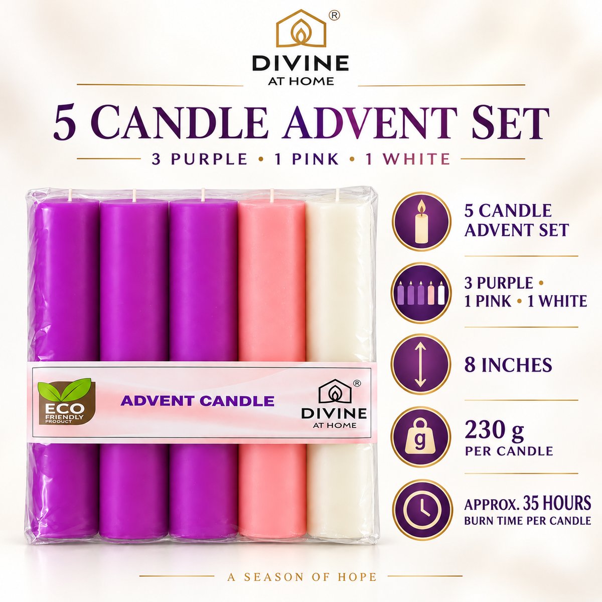 Traditional Advent Candle Set – Pack of 5 | 8 Inch | 3 Purple, 1 Pink & 1 White | 35 Hours Burn Time Each