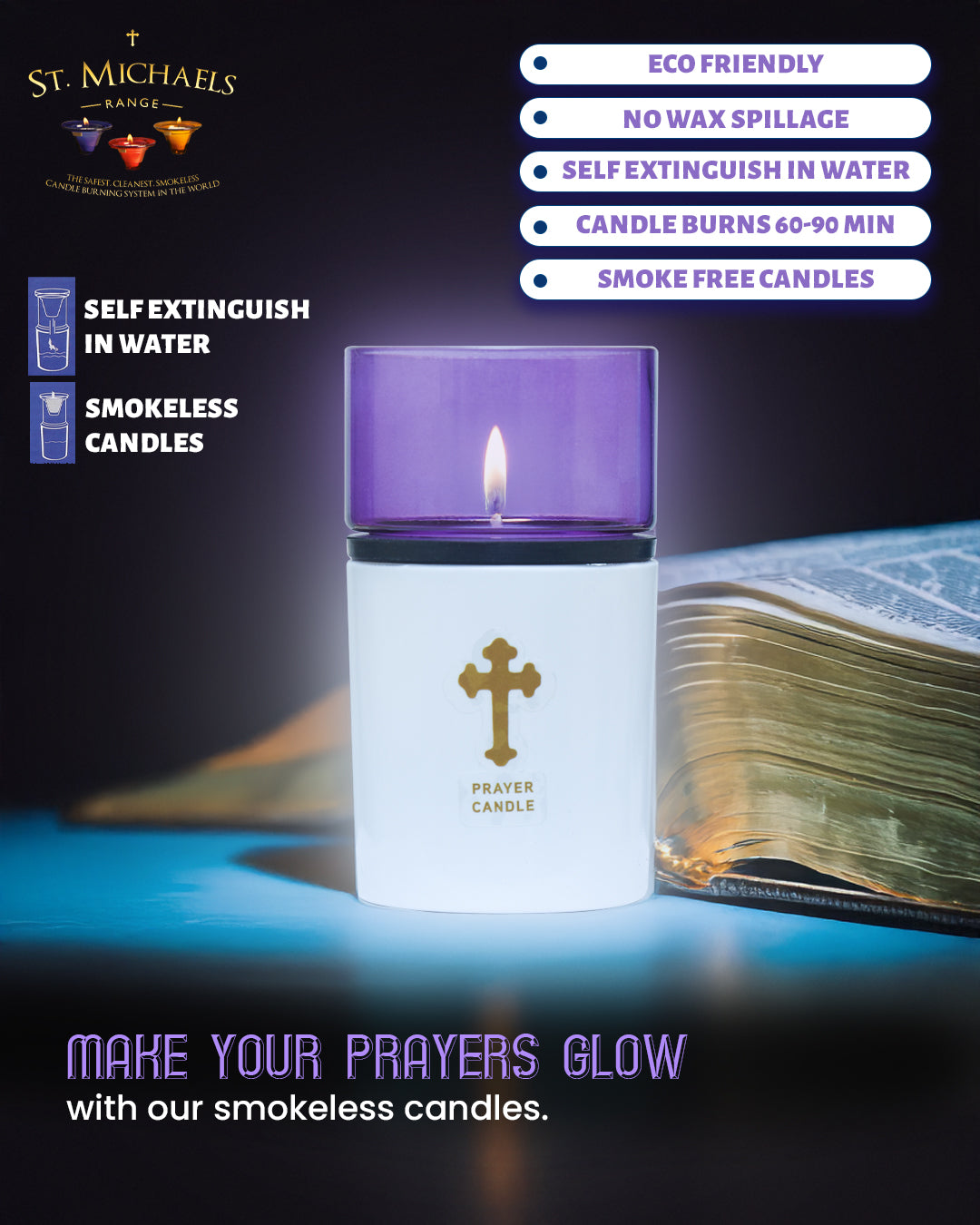 St. Michael’s Smokeless Elegant Prayer Candle System with Wind Protector (10 Candles & 1 Luxurious Holder)
