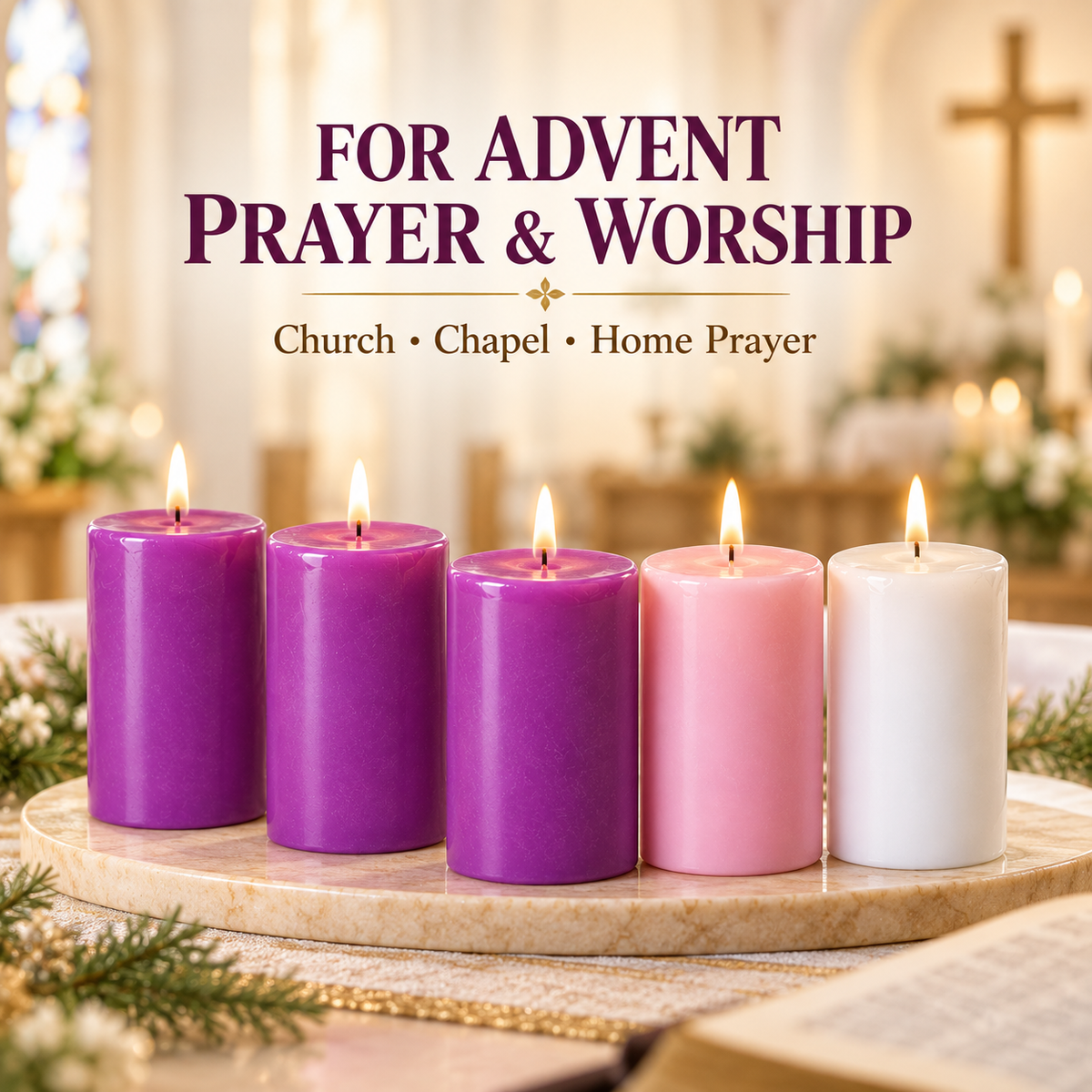 Traditional Advent Candle Set – 5 Pillar Candles | 3 Purple, 1 Pink & 1 White | 32 Hours Burn Time Each