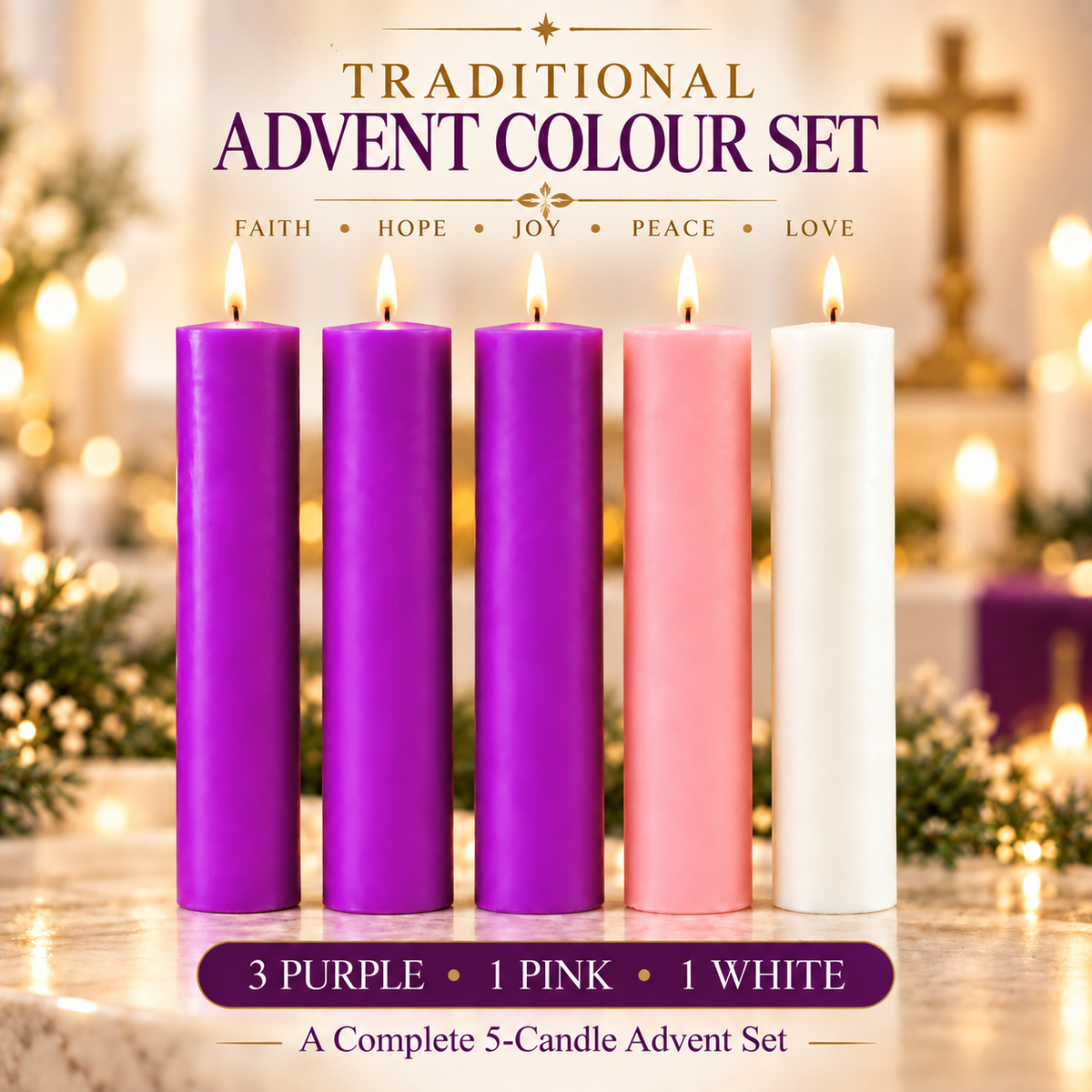 Traditional Advent Candle Set – Pack of 5 | 8 Inch | 3 Purple, 1 Pink & 1 White | 35 Hours Burn Time Each