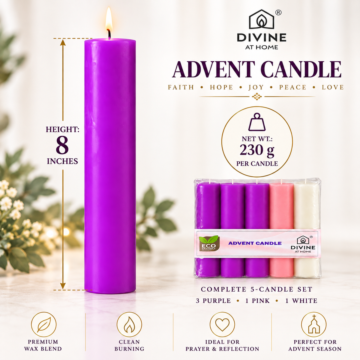 Traditional Advent Candle Set – Pack of 5 | 8 Inch | 3 Purple, 1 Pink & 1 White | 35 Hours Burn Time Each