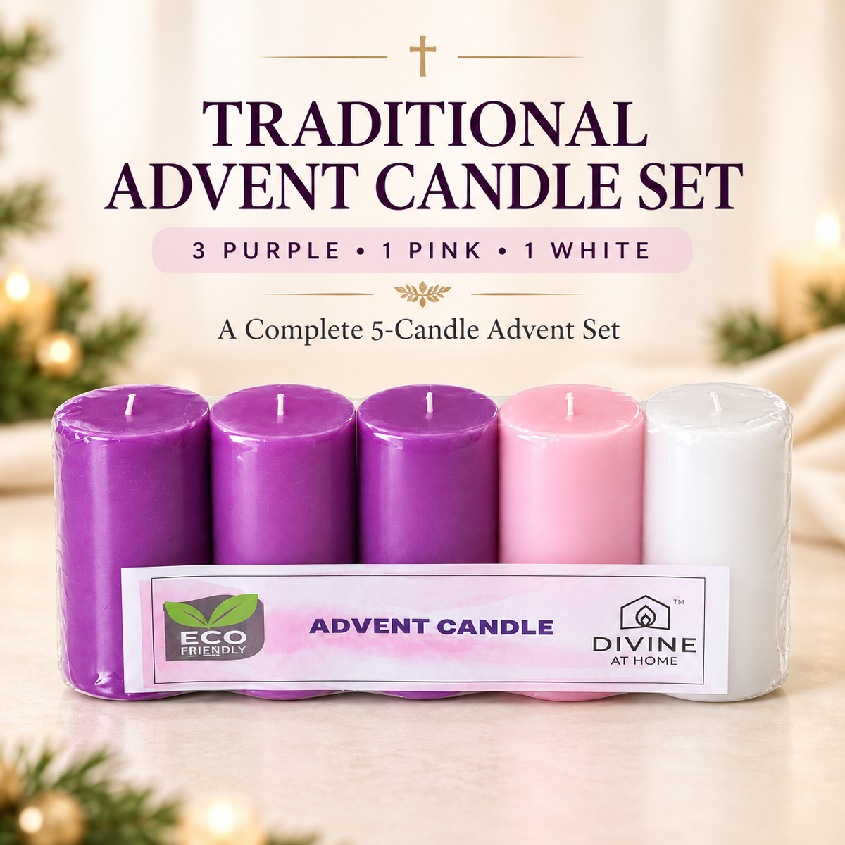 Traditional Advent Candle Set – 5 Pillar Candles | 3 Purple, 1 Pink & 1 White | 32 Hours Burn Time Each
