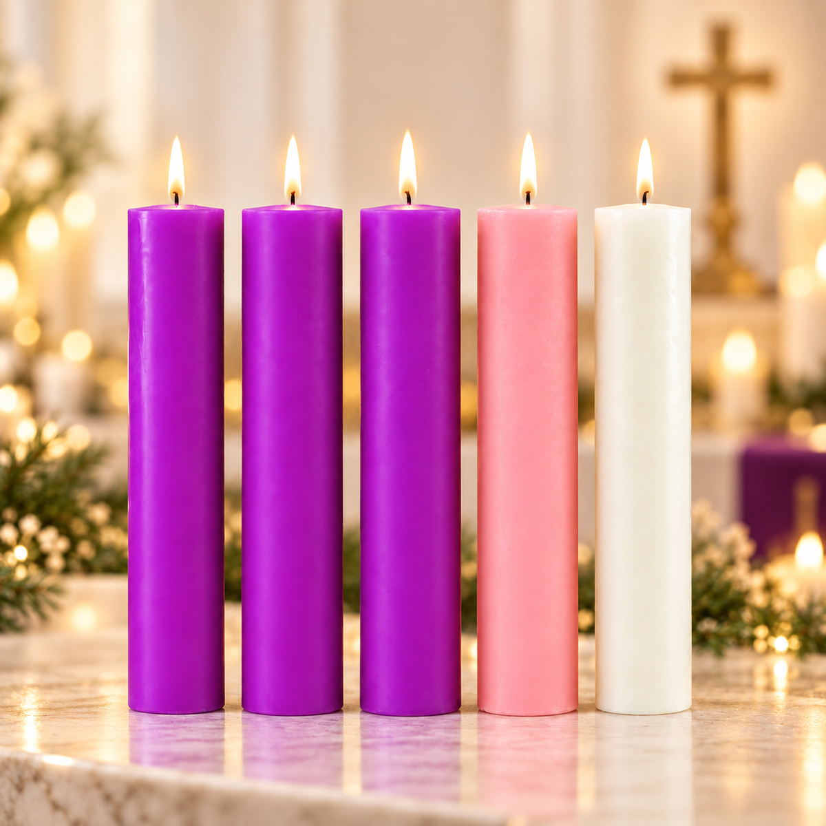 Traditional Advent Candle Set – Pack of 5 | 8 Inch | 3 Purple, 1 Pink & 1 White | 35 Hours Burn Time Each