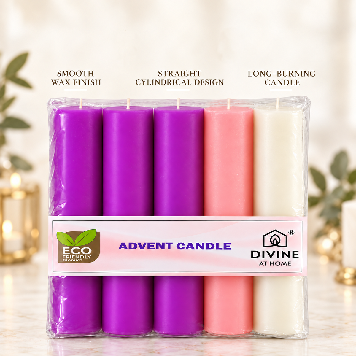 Traditional Advent Candle Set – Pack of 5 | 8 Inch | 3 Purple, 1 Pink & 1 White | 35 Hours Burn Time Each