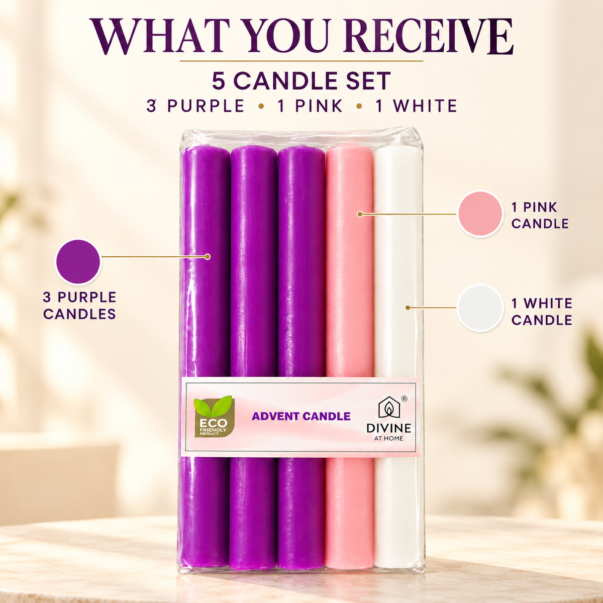 Traditional Advent Altar Candle Set – 5" & 10" | Pack of 5 | 3 Purple, 1 Pink & 1 White |