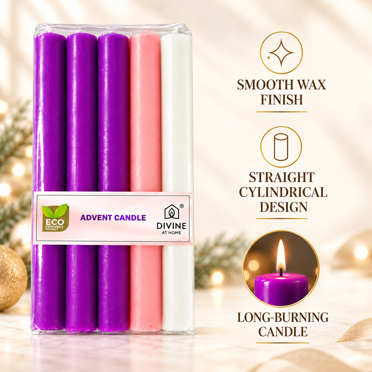 Traditional Advent Altar Candle Set – 5" & 10" | Pack of 5 | 3 Purple, 1 Pink & 1 White |