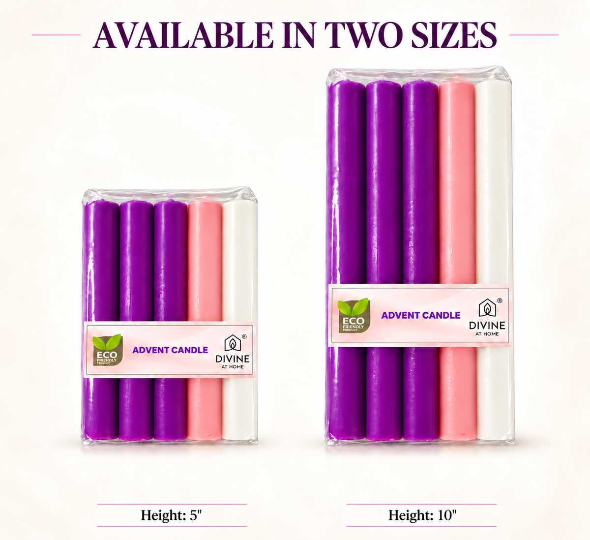 Traditional Advent Altar Candle Set – 5" & 10" | Pack of 5 | 3 Purple, 1 Pink & 1 White |
