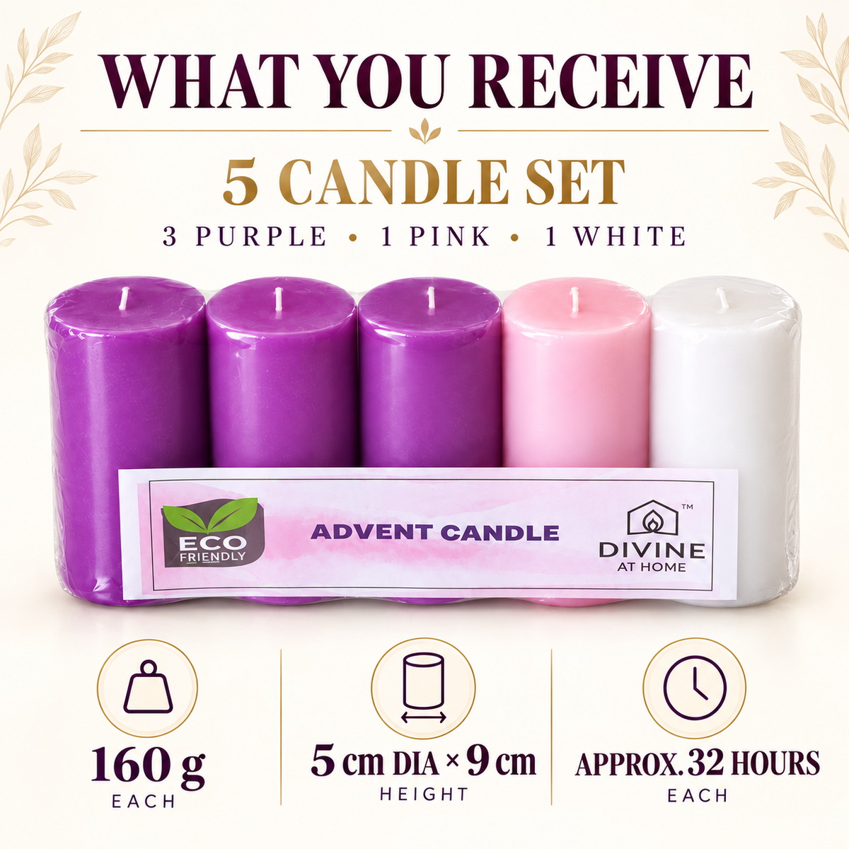 Traditional Advent Candle Set – 5 Pillar Candles | 3 Purple, 1 Pink & 1 White | 32 Hours Burn Time Each