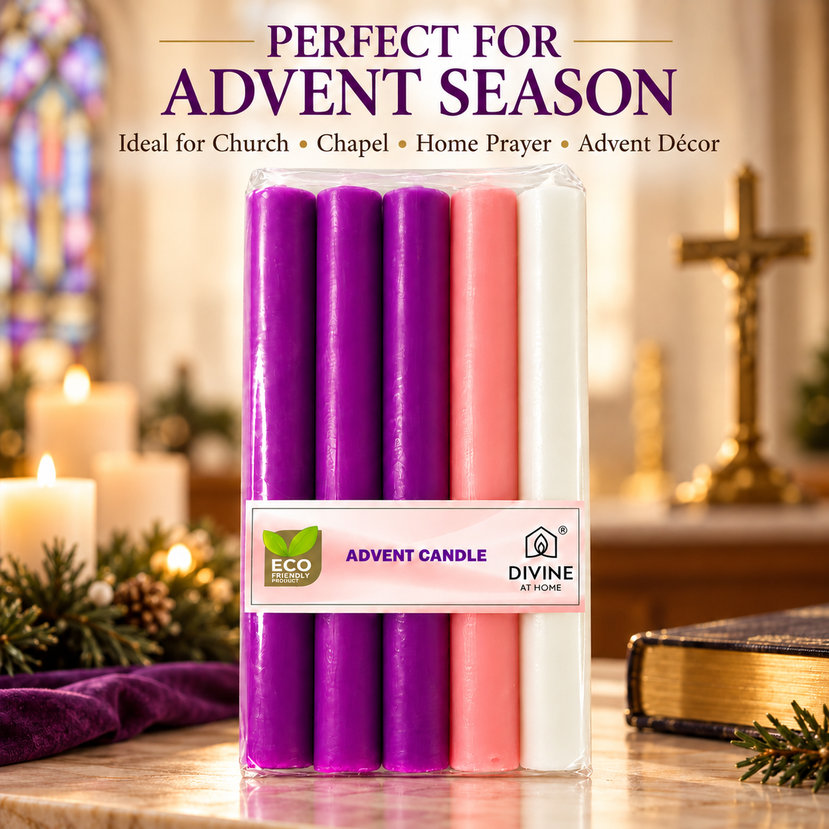 Traditional Advent Altar Candle Set – 5" & 10" | Pack of 5 | 3 Purple, 1 Pink & 1 White |