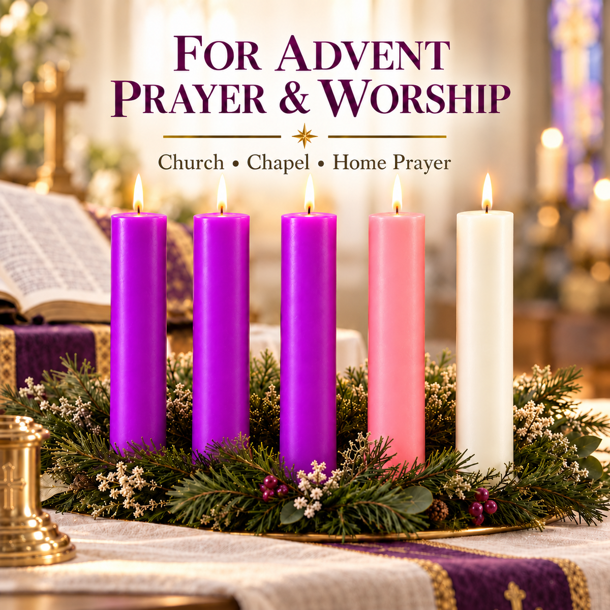 Traditional Advent Candle Set – Pack of 5 | 8 Inch | 3 Purple, 1 Pink & 1 White | 35 Hours Burn Time Each