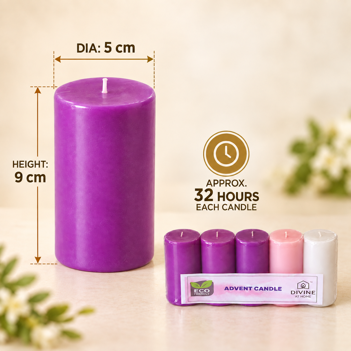 Traditional Advent Candle Set – 5 Pillar Candles | 3 Purple, 1 Pink & 1 White | 32 Hours Burn Time Each
