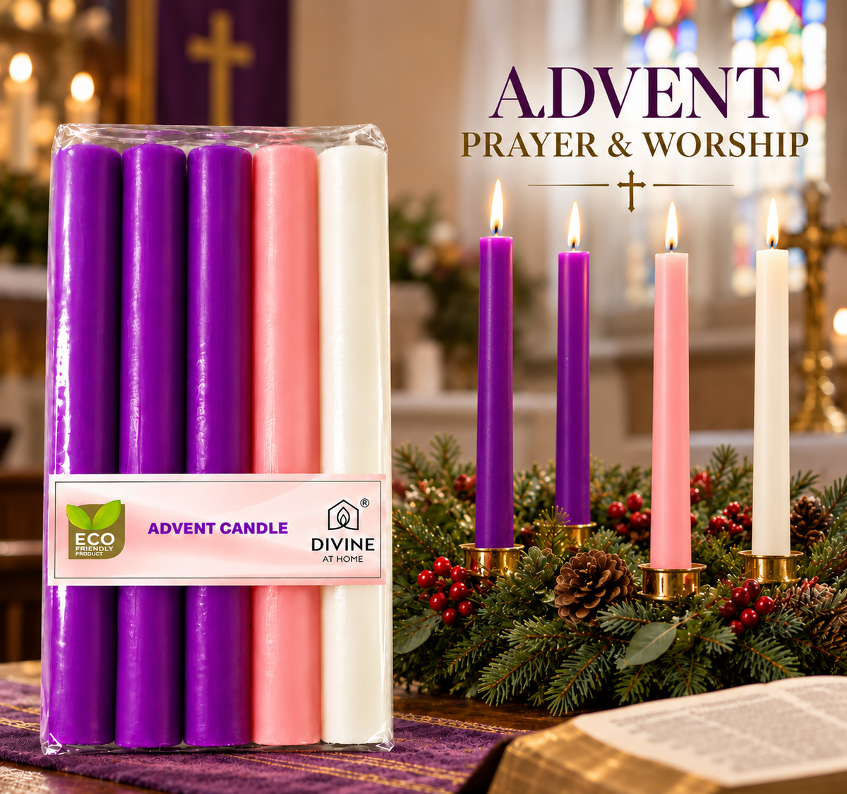 Traditional Advent Altar Candle Set – 5" & 10" | Pack of 5 | 3 Purple, 1 Pink & 1 White |