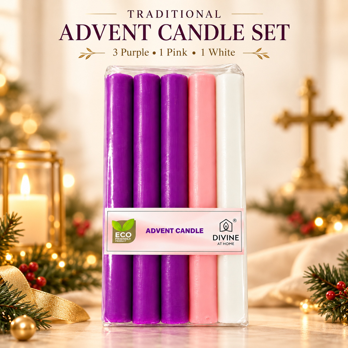 Traditional Advent Altar Candle Set – 5" & 10" | Pack of 5 | 3 Purple, 1 Pink & 1 White |
