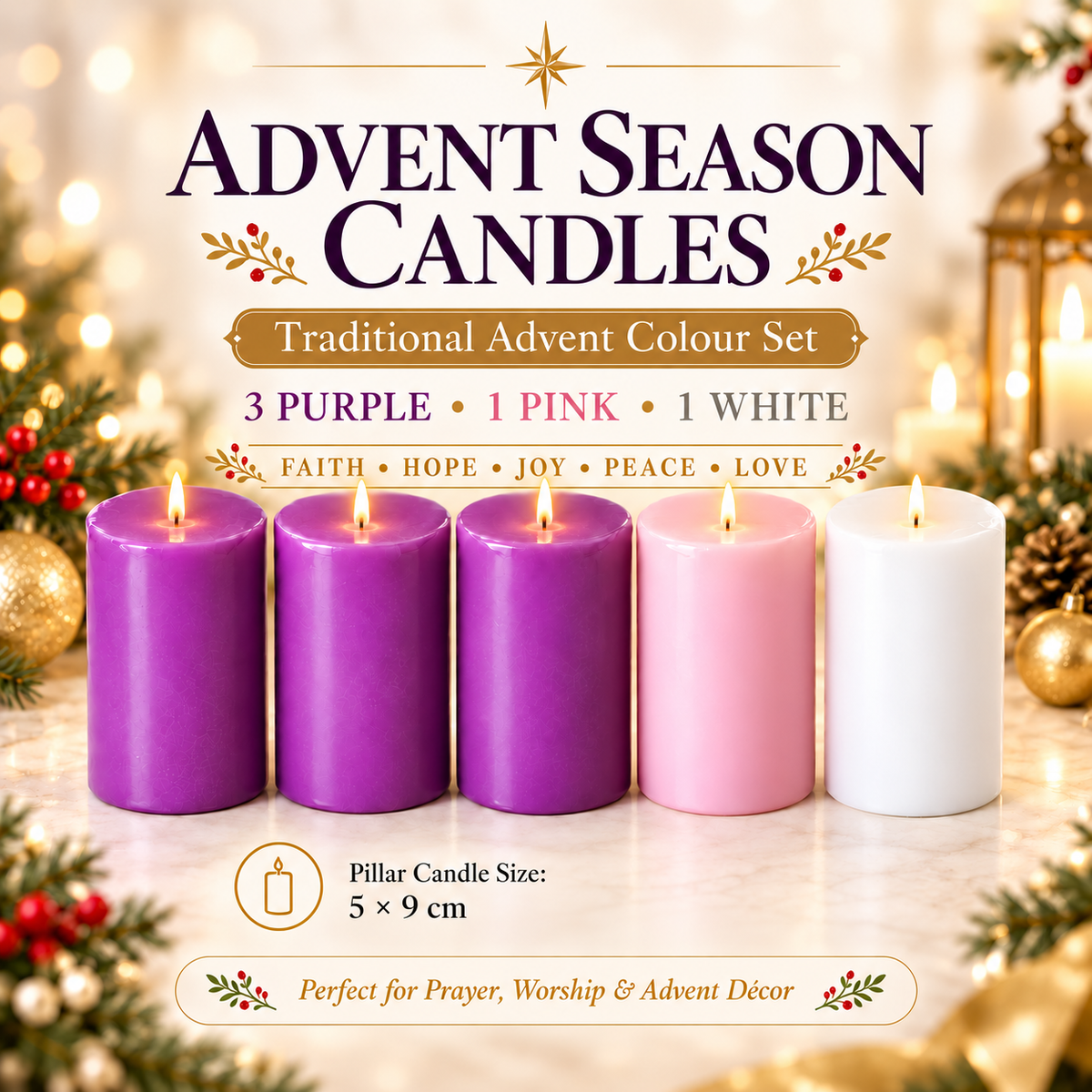 Traditional Advent Candle Set – 5 Pillar Candles | 3 Purple, 1 Pink & 1 White | 32 Hours Burn Time Each