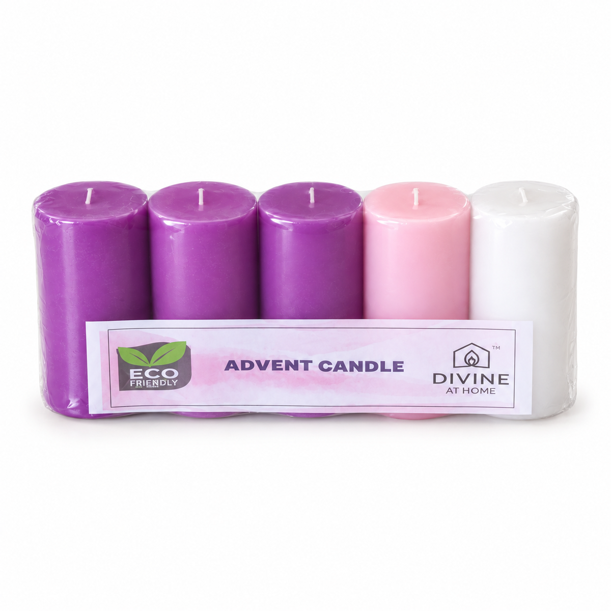 Traditional Advent Candle Set – 5 Pillar Candles | 3 Purple, 1 Pink & 1 White | 32 Hours Burn Time Each