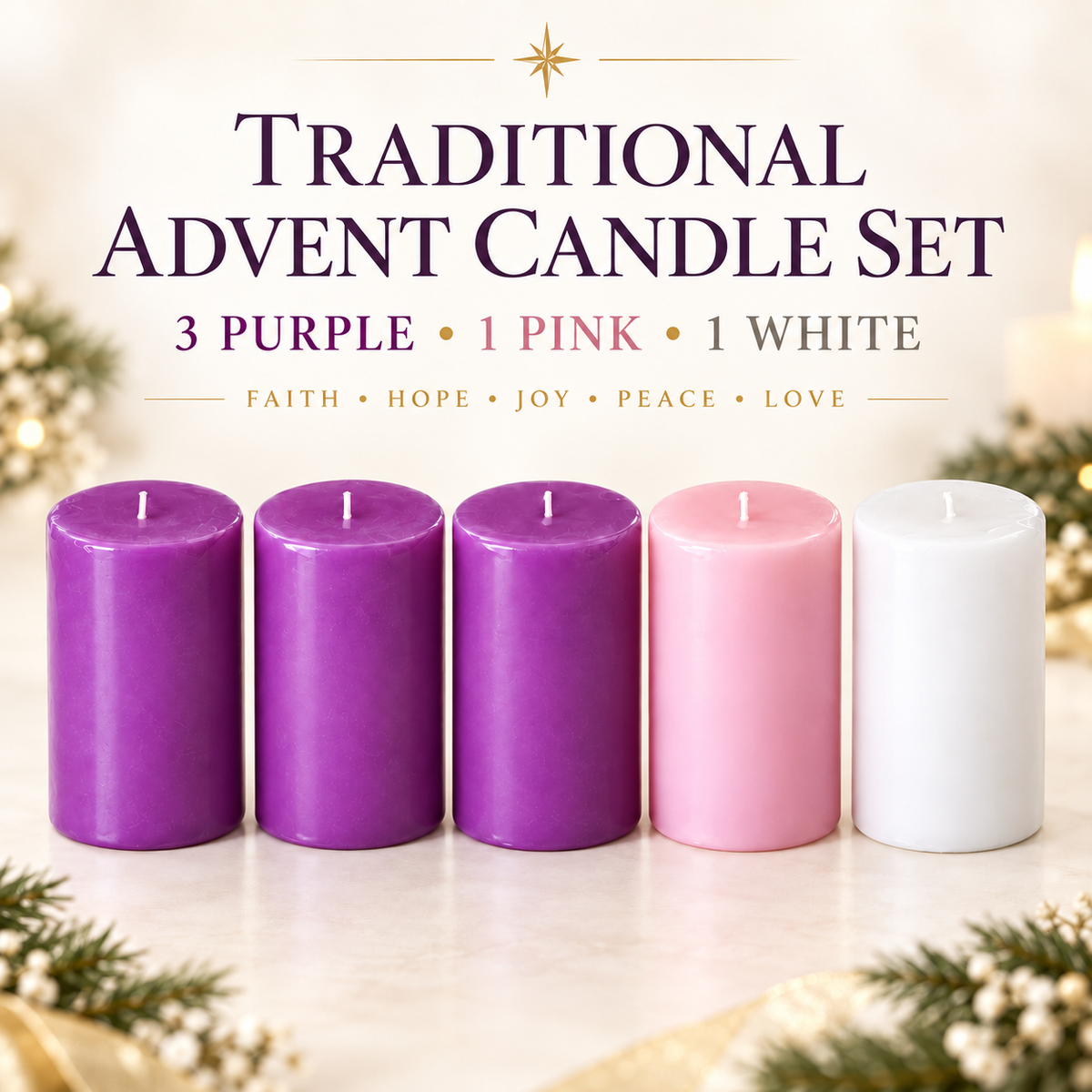 Traditional Advent Candle Set – 5 Pillar Candles | 3 Purple, 1 Pink & 1 White | 32 Hours Burn Time Each