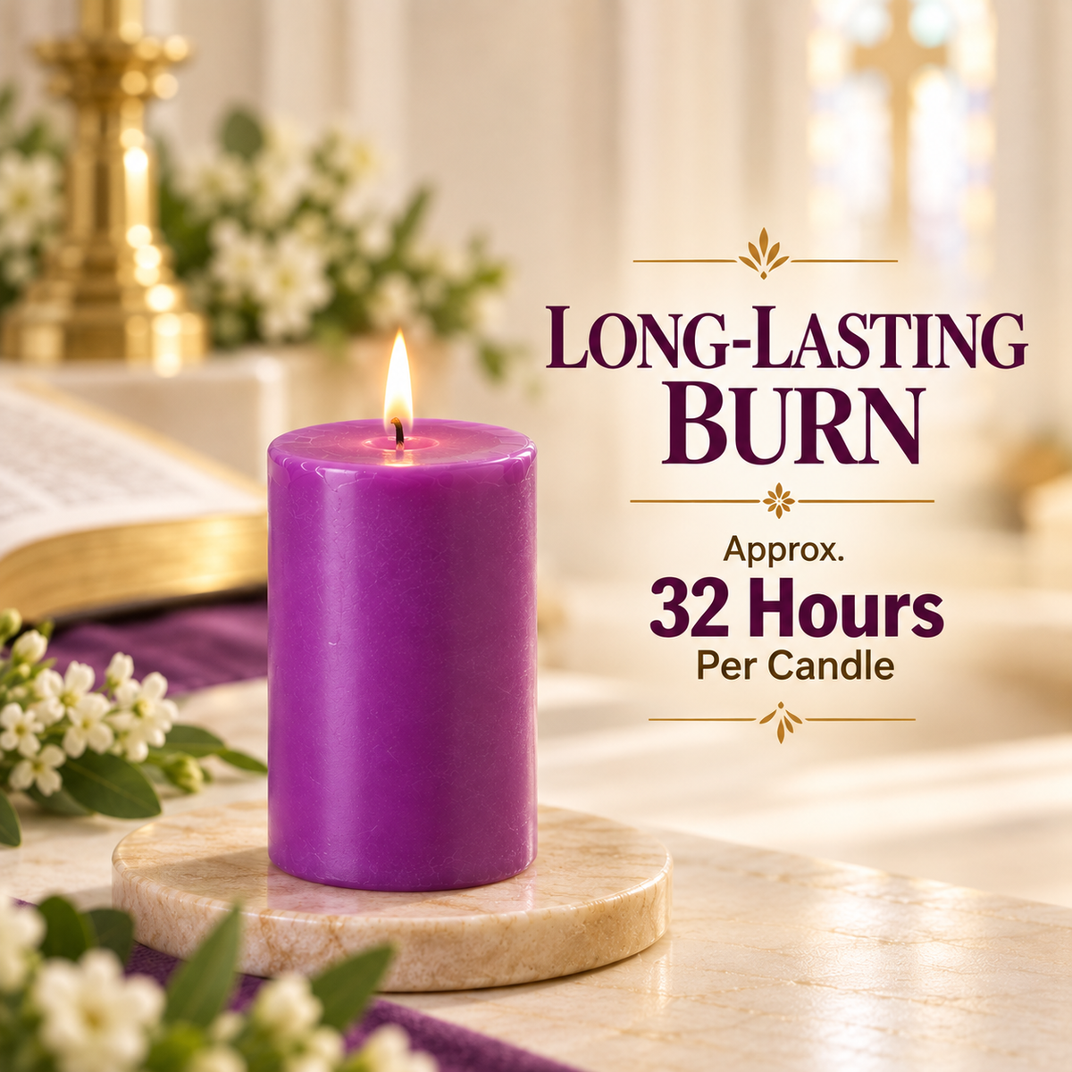 Traditional Advent Candle Set – 5 Pillar Candles | 3 Purple, 1 Pink & 1 White | 32 Hours Burn Time Each