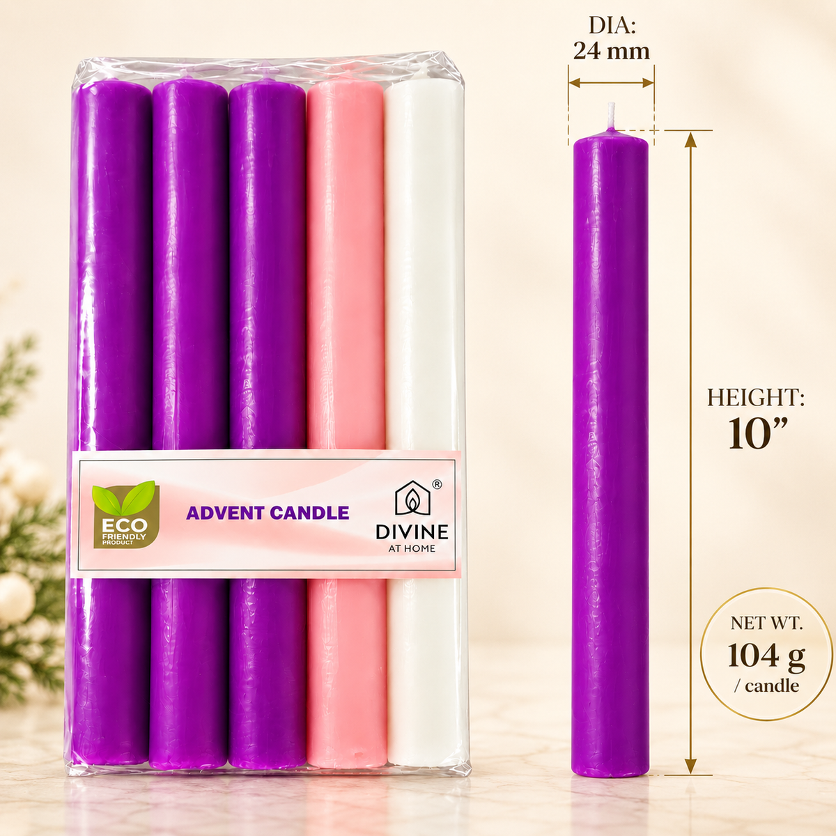 Traditional Advent Altar Candle Set – 5" & 10" | Pack of 5 | 3 Purple, 1 Pink & 1 White |