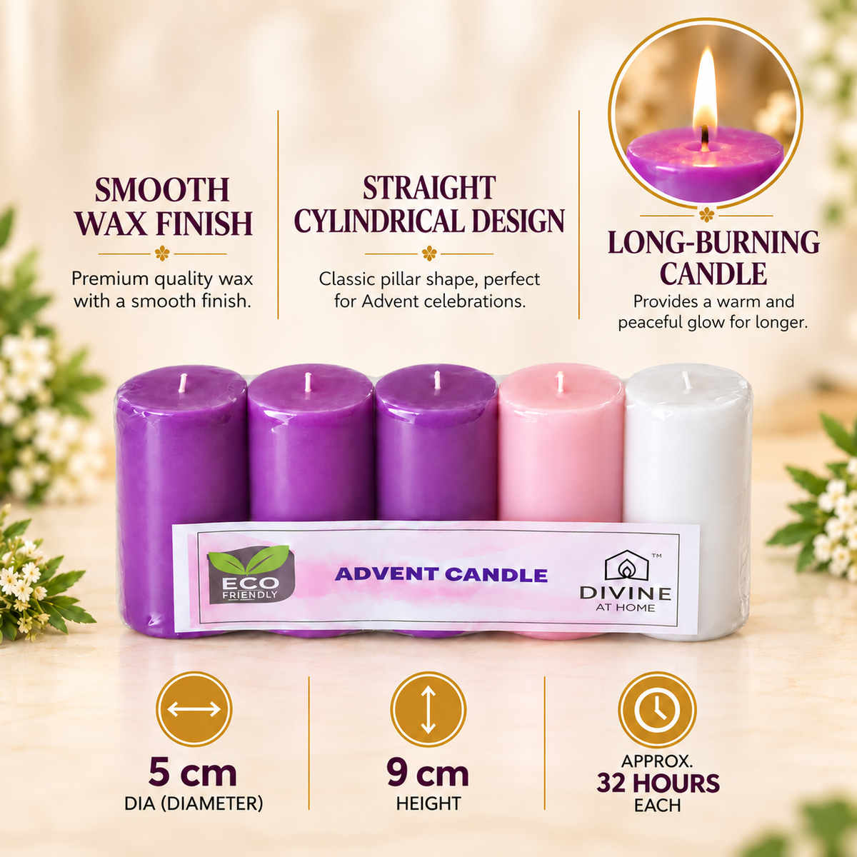 Traditional Advent Candle Set – 5 Pillar Candles | 3 Purple, 1 Pink & 1 White | 32 Hours Burn Time Each
